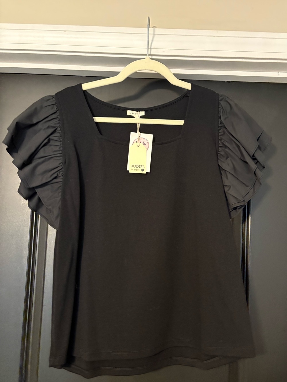 JODIFL NWT Black Ruffle Sleeve Short Sleeve Top